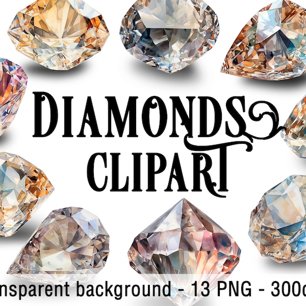 Watercolor Diamond Clipart Set - 13 PNG Images with Transparent Background - Diamonds Clipart Bundle Printable for commercial use