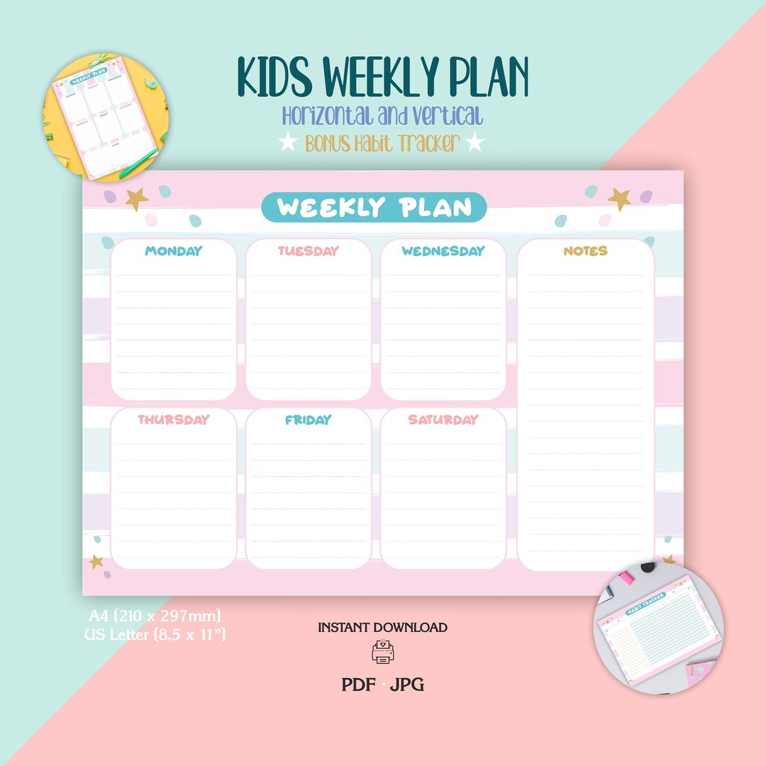 Printable Weekly Calendar for Kids in Pastel Colors - Etsy