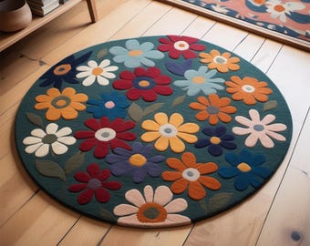 Handgewebter Wollteppich: Modernes Grünes Blumenmuster