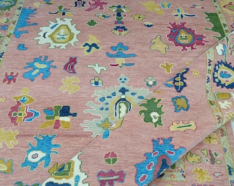 Pink Oushak Wool Rug: Hand-Knotted Turkish Area Rug