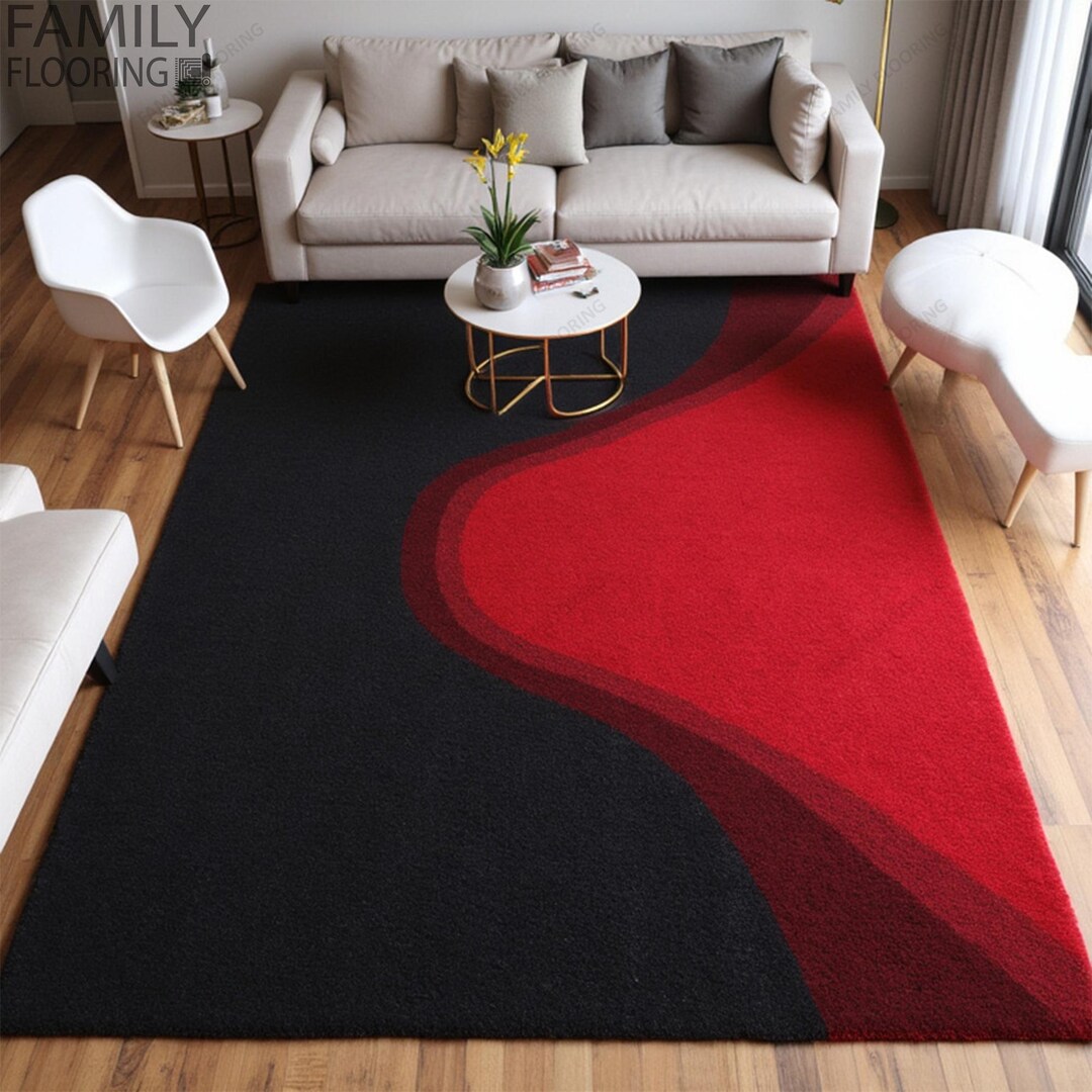 Red Tuft Rug Handmade Tufted Wool Rug: Modern Red & Black Rectangle - Etsy