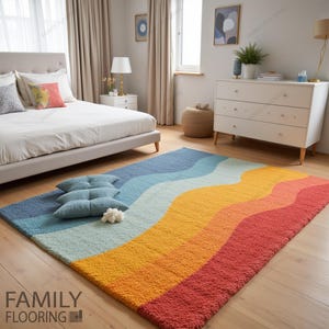 Hand-Tufted Wool Area Rug: Rainbow Wavy Design, Modern Home Decor