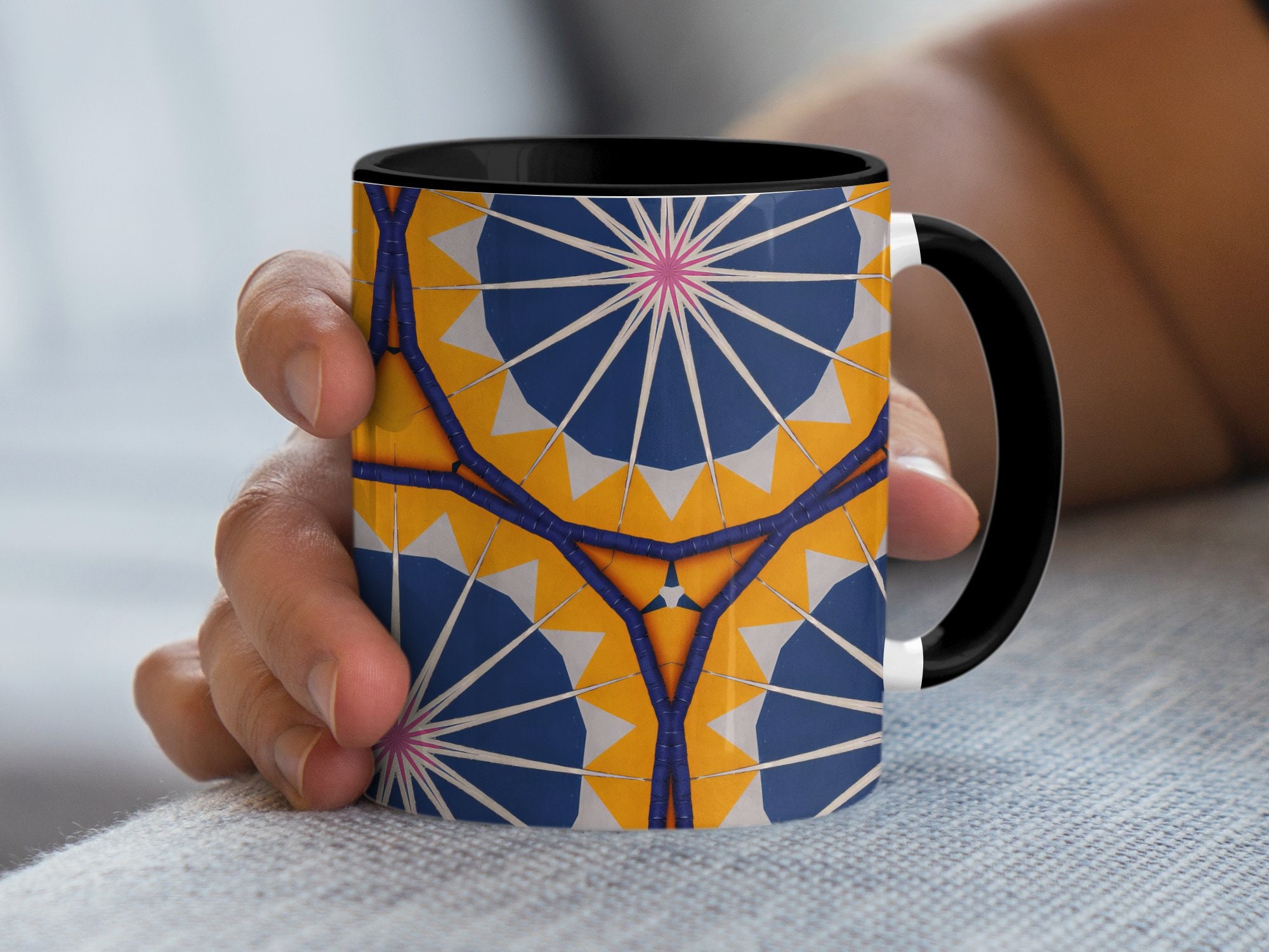 Geometric Pattern Mug, Blue and Orange Mandala Design