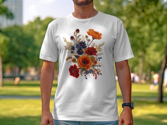 Floral T-shirt With Vibrant Orange and Blue Flowers, Women's