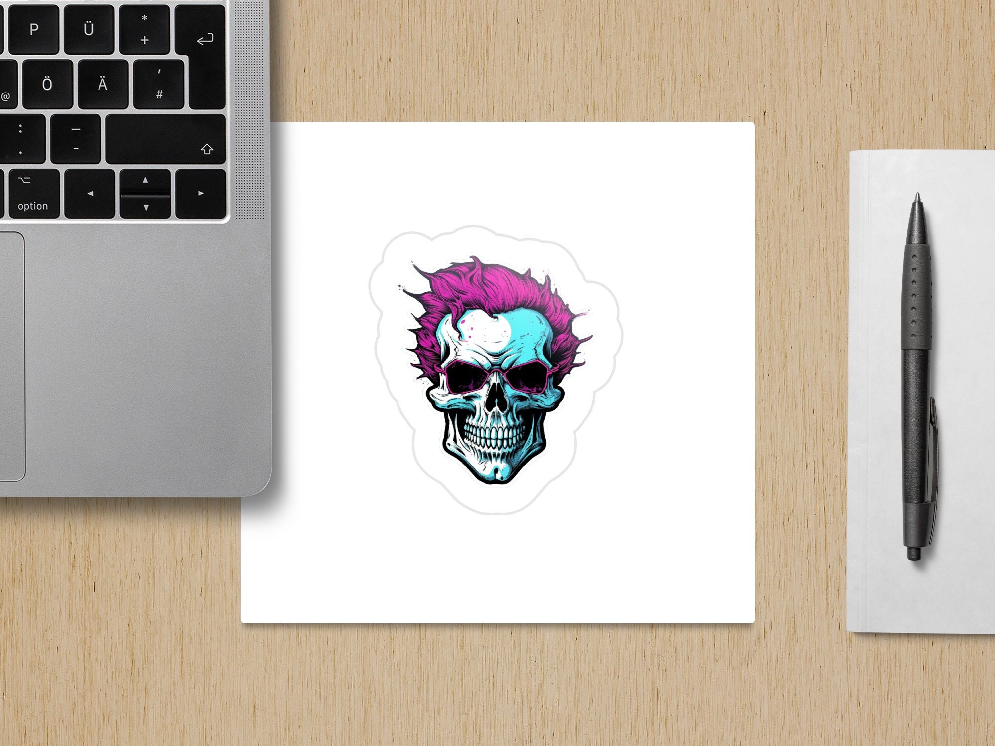 Neon Punk Skull Sticker, Vibrant Rocker Skeleton Decal, Laptop and Skateboard Accessory