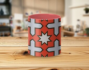 Mug à motif géométrique, design abstrait rouge et blanc, ustensiles de cuisine modernes, tasse à café unique, idée cadeau, décoration d'intérieur