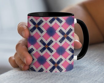 Kubek z geometrycznym wzorem, różowy i niebieski abstrakcyjny wzór, nowoczesna ceramiczna filiżanka do kawy, wyjątkowy wystrój domu, przybory do napojów biurowych, artystyczny prezent
