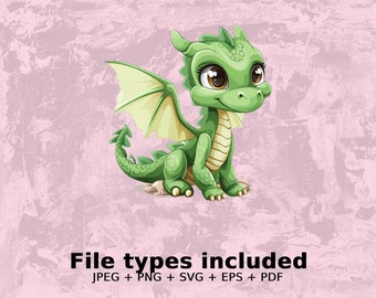 Cute Green Baby Dragon Digital Art, Cartoon Dragon Clipart, Fantasy Creature Illustration, Nursery Decor, Printable Wall Art, JPEG PNG SVG