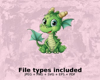 Cute Cartoon Dragon Clipart, Digital Download, Kids Fantasy Illustration, Green Baby Dragon PNG, JPEG, SVG