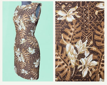 1950s Vintage Tiki Print Wiggle Dress, Small 26” Waist