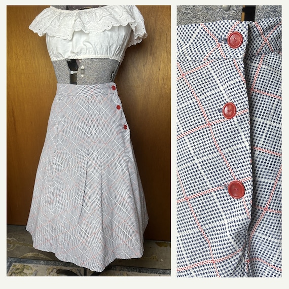 1930s Red and Blue Plaid A-Line Skirt Sm 27" Waist - image 1