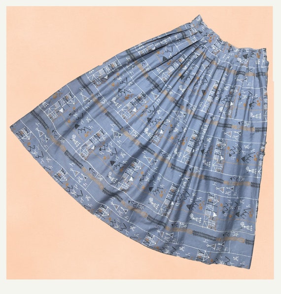 1950s Novelty Cave Painting Print Skirt XS 24" Wa… - image 1