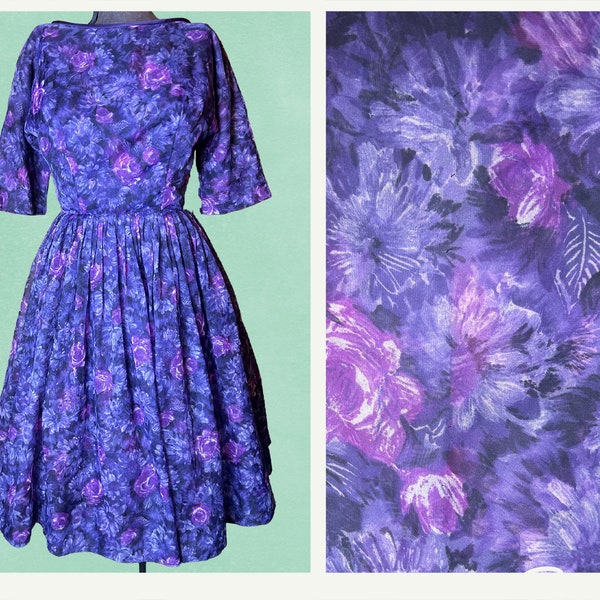 Vintage 1960s Purple Floral Fit and Flare Dress Sm 27" Waist