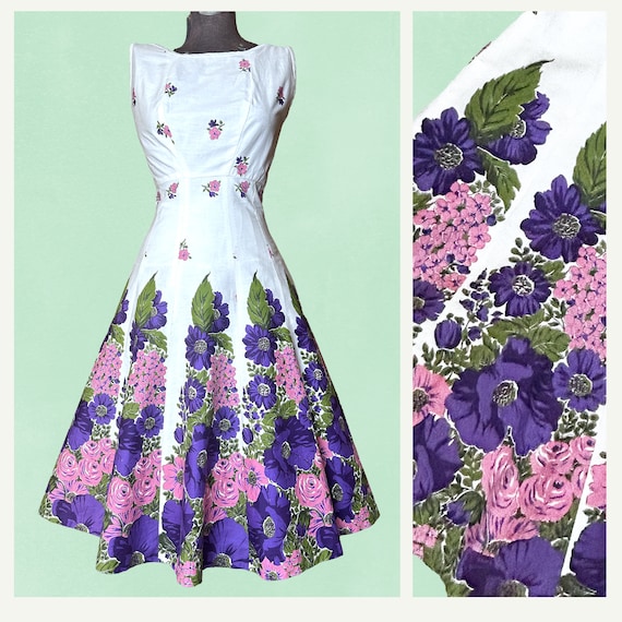 1950s/60s Vibrant Floral Border Print Dress Sm 26… - image 1