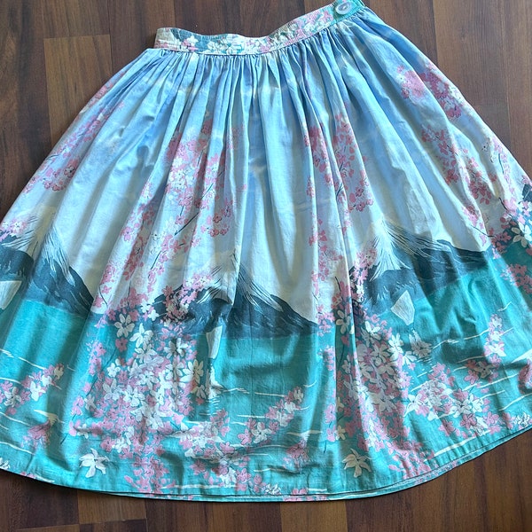 Mt. Fuji Border Print Skirt Made New from Vintage 1950s Fabric S 26" Waist