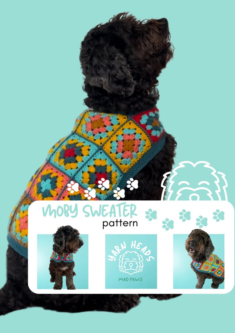 Pu&ograve; includere: Un cane nero che indossa un maglione all'uncinetto colorato con un motivo a quadrati della nonna. Il maglione &egrave; etichettato "Moby Sweater pattern" e "Yarn Heads Mad Paws".