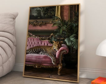 Konsttryck med tiger på rosa soffa, maximalistisk dekor (digital nedladdning)