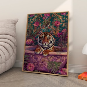 Tiger Poster, Maximalist Badezimmer Wandkunst, Tiger im Bad Druck, Dopamin Dekor, Kitsch Ästhetischer Druck, Adrette Wandkunst, trendiges Dekor