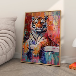 Tiger Poster, Maximalist Badezimmer Wandkunst, Tiger im Bad Druck, Dopamin Dekor, Kitsch Ästhetischer Druck, Adrette Wandkunst, trendiges Dekor