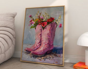 Pink Cowgirl Boots Art Print: Western Boho Wall Art with Wildflowers (Digital Download)