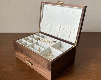 Large Two Layers Jewelry Box Exquisite Jewelry Organizer Solid Walnut Wood Deco Functional Necklace Storage Box Girl Gift Wedding Gift