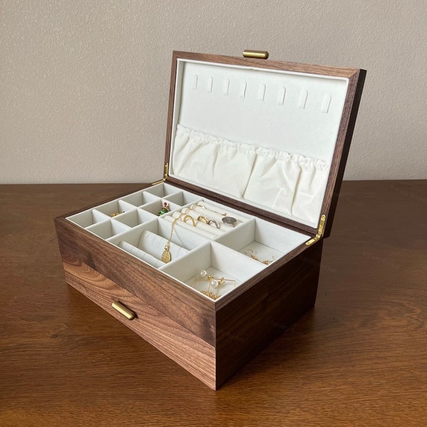 Large Two Layers Jewelry Box Exquisite Jewelry Organizer Solid Walnut Wood Deco Functional Necklace Storage Box Girl Gift Wedding Gift