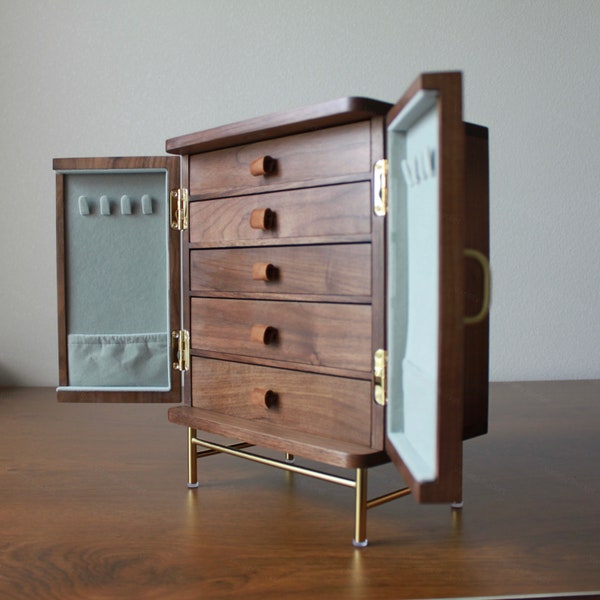 Extra Large Walnut & Cherry Wood Jewelry Box: Velvet Lined Organizer