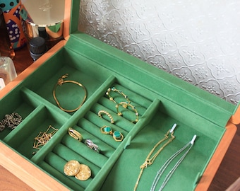 Solid Wood Jewelry Box: Glass Top, Green Velvet Lining, Walnut & Cherry Wood