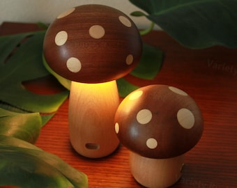 Solid Wood Mushroom Lamp: Night Light, Warm Ambient Glow, Cozy Bedside, Nature-Themed Gift