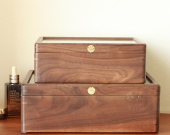 Large Walnut Jewelry Box with Glass Top: Velvet Lined Wood Organizer