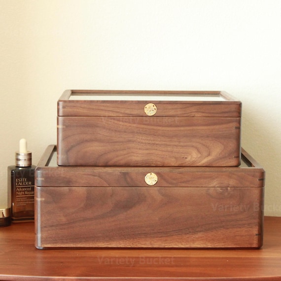 Large Walnut Jewelry Box with Glass Top: Velvet Lined Wood Organizer