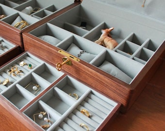 Extra Large Walnut Wood Jewelry Box: Velvet Lined Storage with Lock