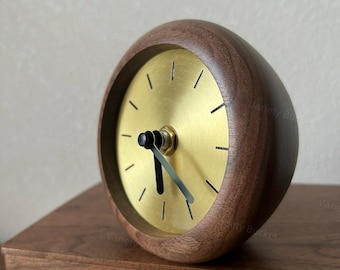 Vintage Walnut Wood Desk Clock: Silent Bedroom Decor, Gold Face