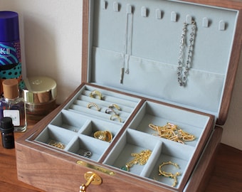 Walnut Wood Jewelry Box: Velvet Lined Home Organizer