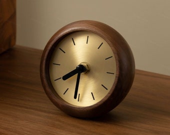 Vintage Wood Clock Wooden Desk Gold Clock Creative Bedroom Silent Black Walnut Time Clock Gift for Her Desk Decor