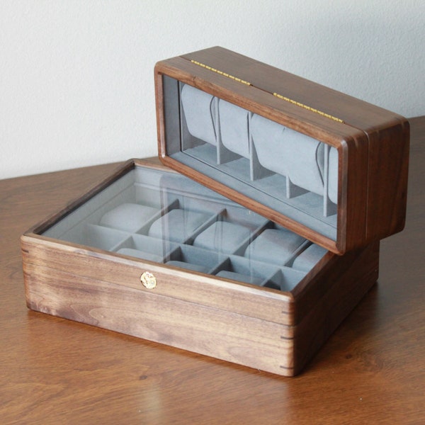 Glass Top Solid Walnut Wood Watch Box Unique Jewelry Box Functional Storage Watch Container Vintage Gift Jewelry Watch Box Container