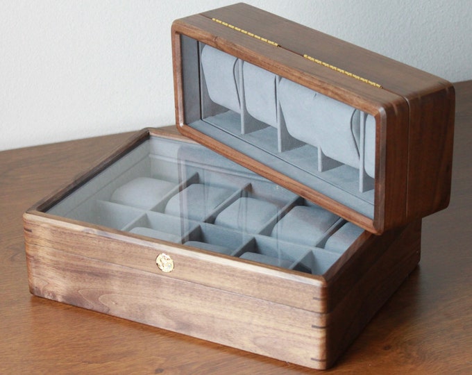 Glass Top Walnut Wood Watch Box: Vintage Jewelry Storage Container, 3 5 10 Slots  Functional Holder