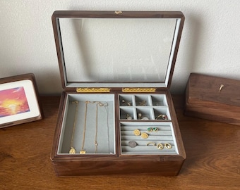 Glass Top Walnut Wood Jewelry Box: Velvet Lined Necklace Storage