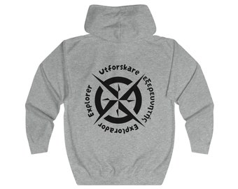 Explorer Full Zip Hoodie unisex 5 sizes in multi color, 4 Language sweatshirt to wear on vacation or give away as a gift