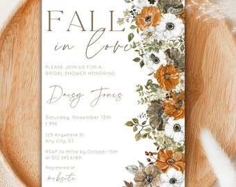 May include: Fall in love bridal shower invitation with a floral design featuring orange, white, and green flowers. The invitation includes the text "Fall in love", "Daisy Jones", "Saturday, November 12th", "1 PM", "123 Anywhere St.", "Any City, ST", "RSVP to Millie by October 15th at 012.345.6789", and "Registered at website".