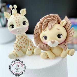Jungle safari animals cute baby giraffe and lion handmade edible fondant  birthday cake topper decoration animals figurines for kids cake UK