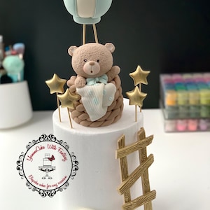 Teddy Bear in the air Balloon handmade edible fondant birthday baby shower christening cake topper birthday party decoration for kids cake