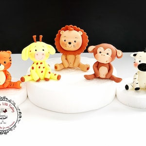 Jungle baby zoo  animals monkey giraffe zebra tiger lion  handmade edible fondant  birthday cake topper decoration