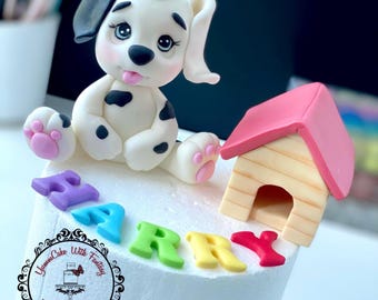 Baby Dalmatian Edible Fondant Puppy Dog Figure and Dog Kennel for