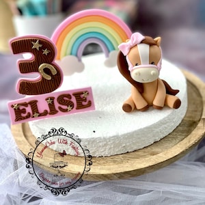 Cute  horse   ( Approx 10cm tall) ,  rainbow , name plaque and number handmade edible fondant Birthday Cake Topper