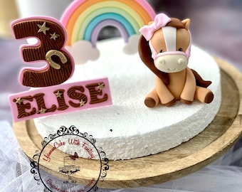 Cute  horse   ( Approx 10cm tall) ,  rainbow , name plaque and number handmade edible fondant Birthday Cake Topper