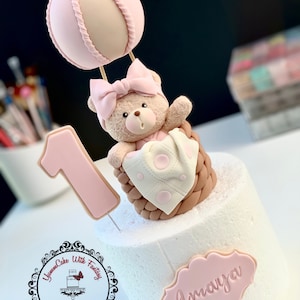 Cute Teddy Bear in the air balloon handmade edible fondant birthday cake topper, teddy bear edible figurine for kids birthday party Uk