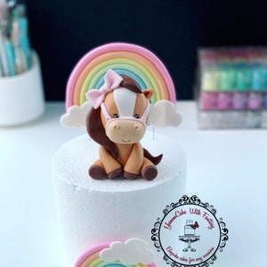 Cute horse (Approx 10cm tall)  2 rainbows handmade edible fondant Birthday Cake Topper, sugarpaste horse figurine for birthday cake for girl
