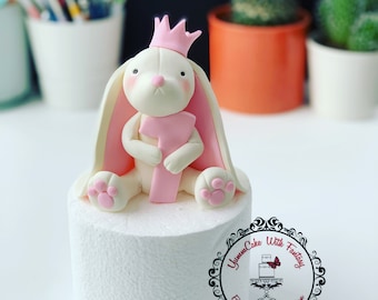 Cute bunny holding the number ( Approx 12cm tall) handmade edible fondant Birthday Cake Topper