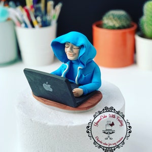 Computer Laptop Gamer Boy handmade  edible fondant birthday cake topper decoration